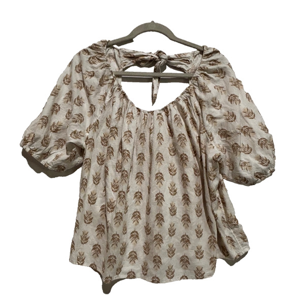 Old Navy Short Puff Sleeve Floral top boho peasant Womens xl Tie Open Back earth - Picture 1 of 9
